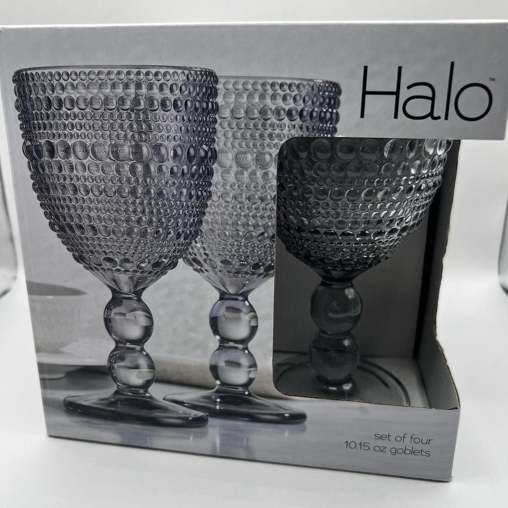 NIB 4 Smoke Gray Stemmed Halo Wine Goblets Hobnail Hobknob Design 10.5 oz